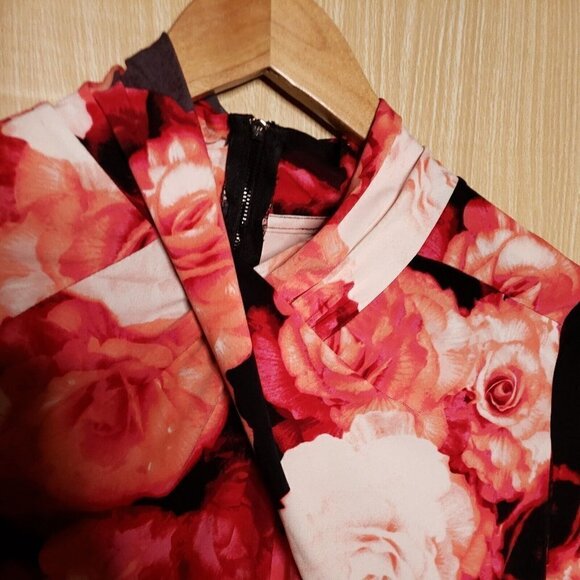 Worthington Womens Black Red Rose High Neck Stretchy Top  Medium - Picture 3 of 6